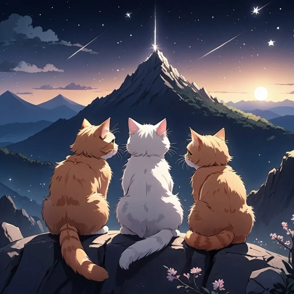 Prompt: Two cute fluffy cats sitting on top of mountain during nighttime, shooting star in sky, anime style, 2d art, detailed, 