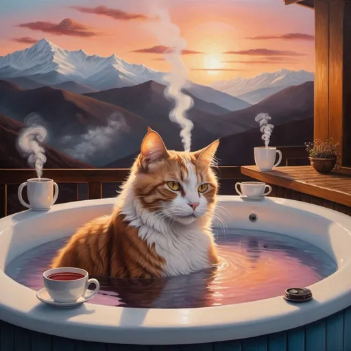 Prompt: Surrealist oil painting of a cat relaxing in a hot tub with steam rising, white mug on a table next to the hot tub, sunset overlooking the mountains, dreamy and surreal atmosphere, high quality, oil painting, detailed fur, steamy setting, mountains at sunset, surrealism, dreamy tones, atmospheric lighting, detailed reflections