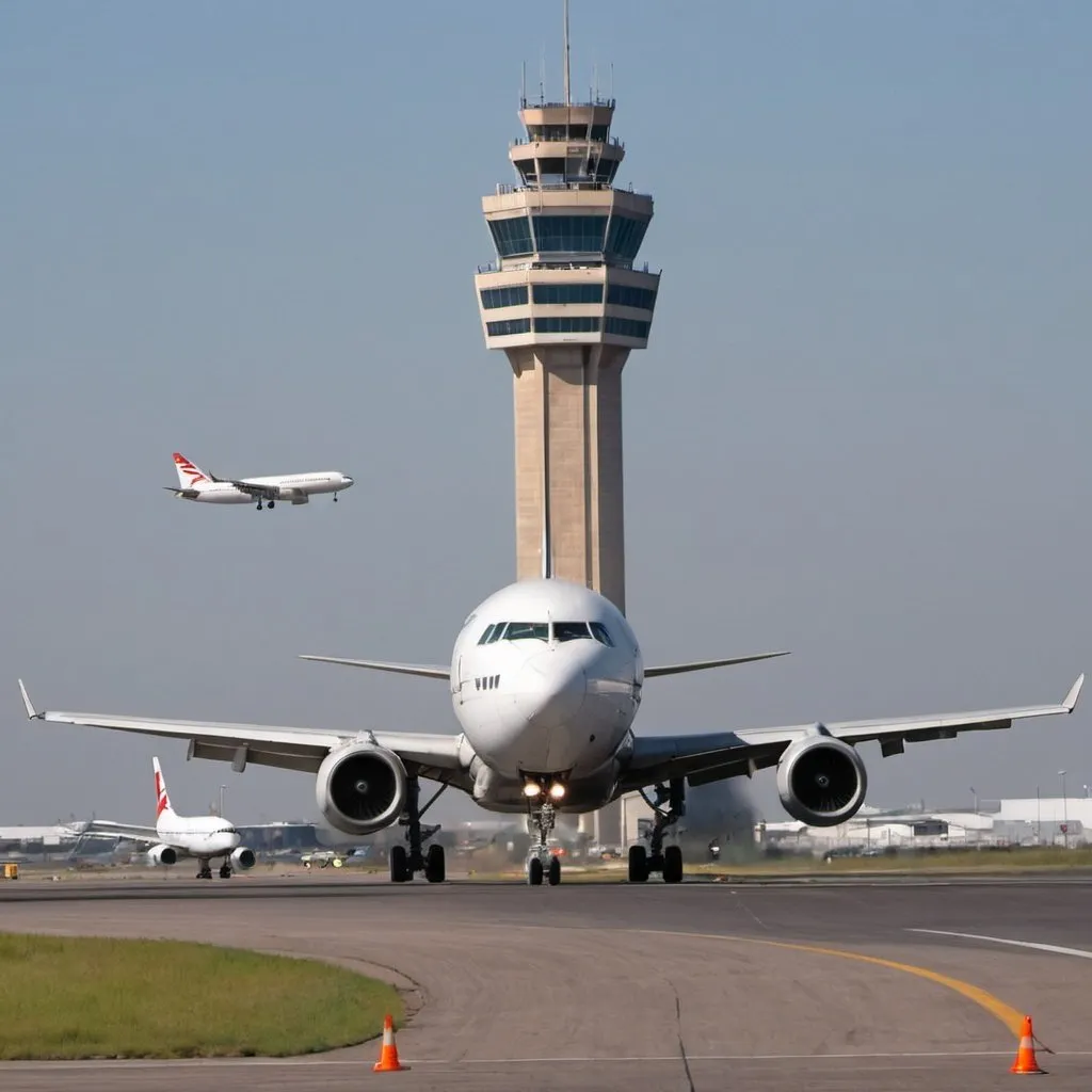 Prompt: avion despgando de un aeropuerto en dia claro con la torre de control en el fondo y que diga METAR
