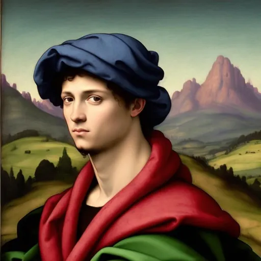 Prompt: A painted portrait of a man in the style of Italian Renaissance painter Raphael with mountains in the background.