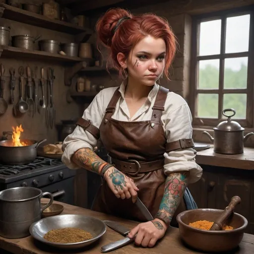 Prompt: Griselda Biscuitbane is a stout and sturdy halfling with a mischievous twinkle in her eye. Her hair, a tangled mess of auburn curls, is often tied up in a messy bun to keep it out of her face while she's cooking or fighting. Flour and spices have a habit of finding their way onto her clothes, giving her a perpetually disheveled but endearing appearance.

She wears a mishmash of chef's attire and makeshift battle gear. Her outfit includes a sturdy leather apron adorned with pockets filled with cooking utensils and small vials of herbs and spices. Over this, she dons a padded gambeson for protection, the sleeves rolled up to the elbows. Her feet are snugly fitted into comfortable leather boots, scuffed from countless hours spent trudging through dungeons and battlefields.

On her arms, Griselda sports a collection of colorful tattoos depicting various cooking implements intertwined with symbols of war and protection. Most prominent is a tattoo on her forearm—a rolling pin crossed with a warhammer, symbolizing her dual roles as a chef and a cleric.