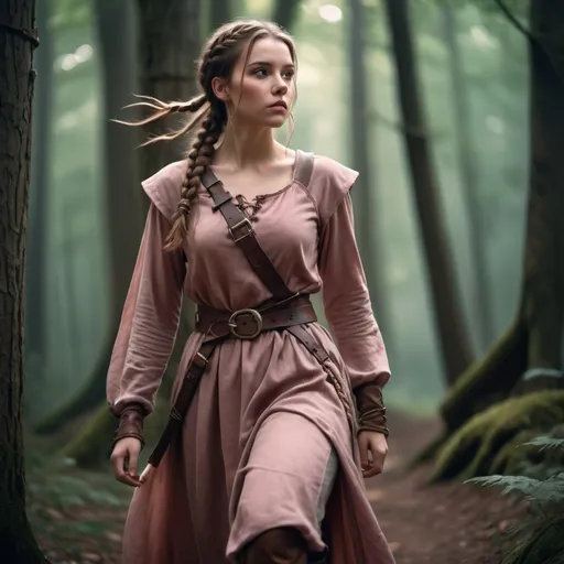 Prompt: (Young female warrior), dusty pink medieval dress, brown leather boots, brown belt, her brown hair is braided messy hairstyle, forest backdrop, dramatic color contrast, soft light filters through trees, ethereal and adventurous atmosphere, finely detailed clothing and accessories, high quality, 4K, ultra-detailed, fantasy theme, cinematic masterpiece.