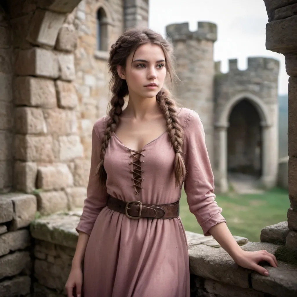 Prompt: Full body view of a, (((beautiful young woman with long, brown hair and brown eyes))), dressed in a (((dusty rose medieval dress))), standing confidently amidst the ruins of an old castle, surrounded by (whispering winds and sunbeams) that give off a (mysterious, otherworldly glow). Her (long, brown belt) and (leather lace-up boots) complement her ensemble, adding a touch of rugged sophistication to her look. Her hair is styled in a (((messy side plait))). She is 19 years old.