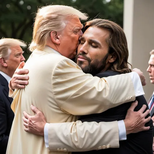 Prompt: Donald trump and Jesus brotherly hug