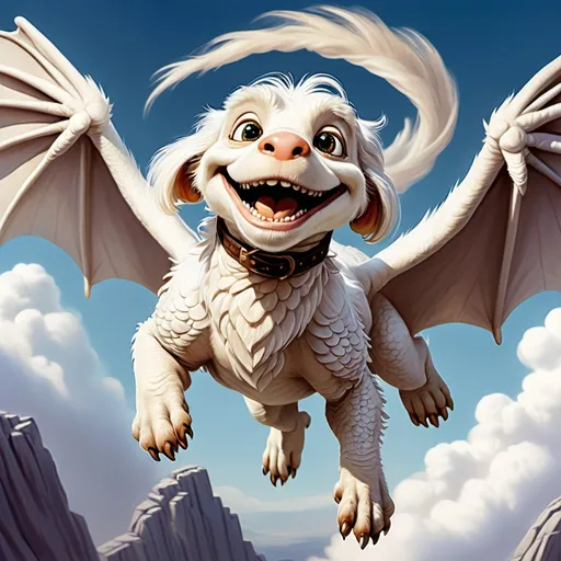 Prompt: a full color picture of Falcor the Luck Dragon flying through the sky without wings with Bastion on his back smiling with his hair blowing back in the wind