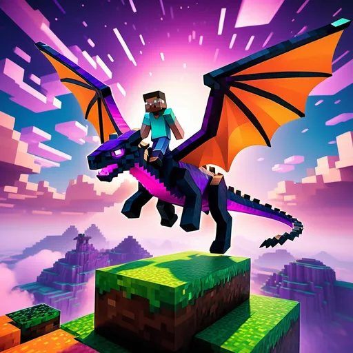 Prompt: (Steve from Minecraft), riding the Ender Dragon, soaring through a (vibrant, colorful sky), above a sprawling Minecraft landscape, high resolution, dynamic pose, fantastical adventure atmosphere, sparkling clouds, radiant hues of orange, pink, and purple in the sky, enchanting scenery below, ultra-detailed visuals, captivating and whimsical vibe, with a sense of exhilarating freedom and wonder.