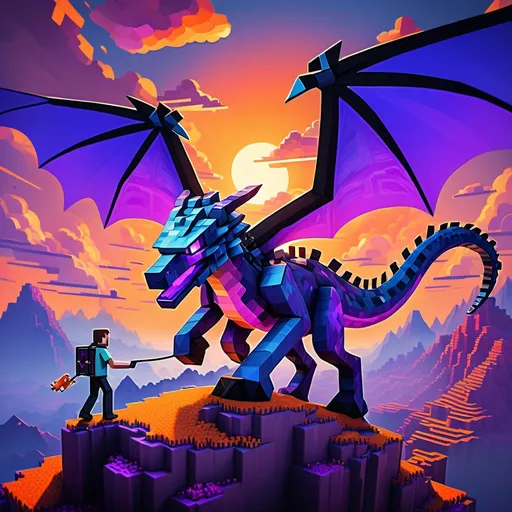 Prompt: Steve leading the Ender Dragon on a leash, (vibrant colors), a stunning sunset backdrop, (detailed clouds), on a mountaintop, above the expansive Minecraft world below, whimsical landscape elements, adventure and excitement captured in the moment, dynamic pose of Steve, (ultra-detailed), magical ambiance, bright tones of orange, purple, and blue illuminating the sky, exploring fantastical realms, (4K) quality.