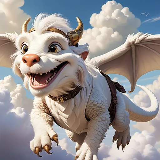 Prompt: a full color picture of Falcor the Luck Dragon flying through the sky without wings with Bastion on his back smiling with his hair blowing back in the wind