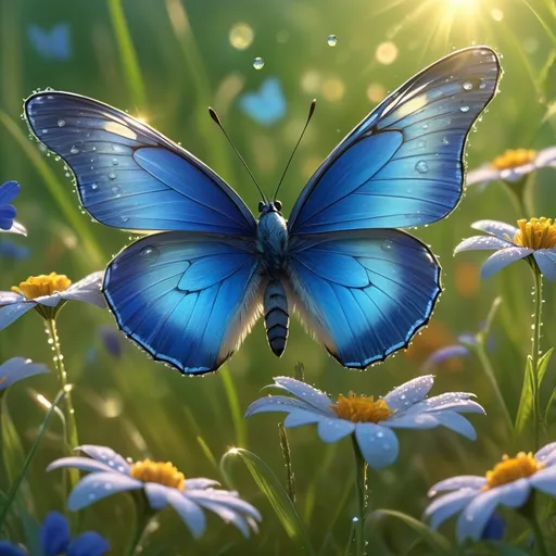 Prompt: (vibrant blue butterfly), flying gracefully through a field of wildflowers, early morning light casting a magical glow, dewdrops shimmering like diamonds on petals, lush green grass, atmosphere filled with freshness, (4K), ultra-detailed, soft sunlight illuminating the scene, a sense of tranquility and beauty enveloping the landscape.