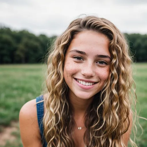 Prompt: cute smiling girl with 20, very curly dark blonde long hair, freckles and natural skin