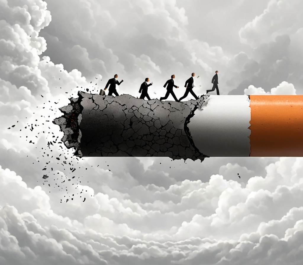 Prompt: Against a backdrop of cloudy skies, a surreal scene unfolds on the colossal end of a cigarette, where a group of individuals in dark suits frantically run across a crumbling, ash-colored surface. The structure, representing the cigarette, appears to be breaking apart, with some figures tumbling off the edge into a void below, symbolizing peril. As they sprint towards an uncertain future, wisps of smoke rise from the damaged end, creating a stark contrast between the sturdy, orange cylinder and the deteriorating, darkened tip. This imagery evokes a sense of urgency and a cautionary tale about the dangers of smoking, blending artistry with a powerful anti-smoking message.