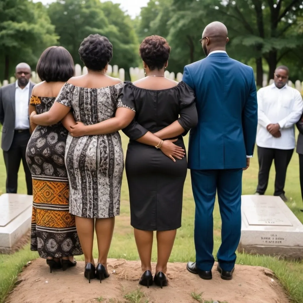 Prompt: A photo of black family at the grave site of a loved one shot from their back not showing their faces and women should  lose african dresses and men should have suits


