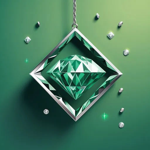 Prompt: 3D diamond hanging in space with shadow below and 8 3D buttons around it with green background for poster