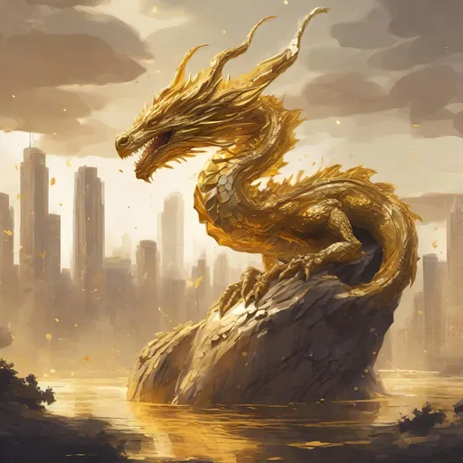 Prompt: A dripping liquid western Wood dragon made of pools of gold, flying City afternoon, masterpiece, best quality, 64k, hd, hand-drawn, concept art,Modern,New Year, Zodiac