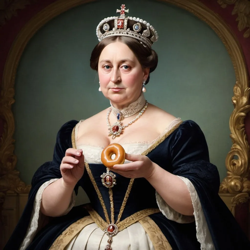 Prompt: Create an image of queen victoria holding a plain mini donut