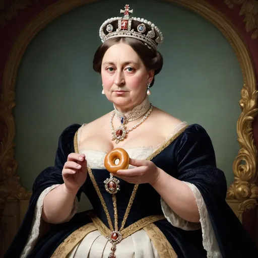 Prompt: Create an image of queen victoria holding a plain mini donut