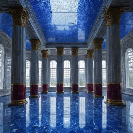 Prompt:  A room that is large about five hundred by five hundred feet. The windows are clear glass twenty feet tall and ten feet wide. They are ten inches thick as well just in case. The floor is made of precisely cut blue gems and every square foot had two identical rubies encrusted on the floor. The room is held up by large marble pillars each one a meter apart at the windowed wall. 