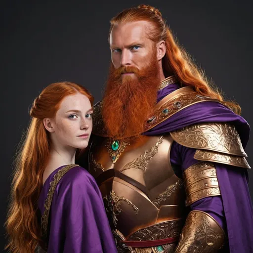 Prompt:   A man seven feet tall. He has long orange bright red hair and a scruffy orange beard. He has a very colorful and vibrant face with golden eyes. He is very muscular. He wears purple robes and bronze armor. He is standing next to his daughter

 Her hair is darker. She has shiny skin. Her eyes blazed even more golden. Her nose is cute. Her teeth are blinding white. Her hair falls on her perfect shoulders. Her buxom and posterior are well pronounced and well shaped. She is wearing a black robe with golden belts with rubies in her hair 
