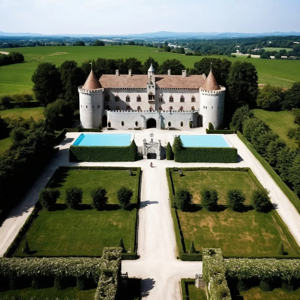 Prompt:  
An fifteenth century castle. The building that has a square base and most of it is made of polished marble painted brown though it is shiny aura. It is  seven feet tall. It has two three floor buildings on either side. 

 A  Horse riding arena and horse stables are at the back in the backyard. the place is completely fenced by hedges and has beautiful  pearly gates. A three-acre apple orchard is on its right
