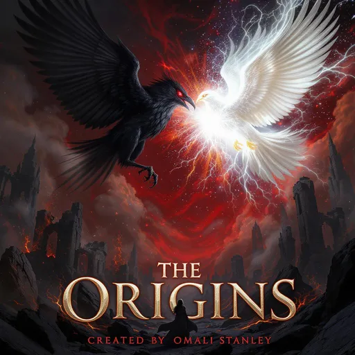 Prompt: A dramatic epic fantasy poster featuring a small cloaked woman standing in the foreground among obsidian ruins, looking up in terror and awe. Above her, two massive mythical birds clash in epic aerial combat - a colossal black crow with void-dark feathers and burning malevolent red  eyes locked in battle with an equally enormous white dove radiating brilliant starlight. The dove is beginning to burst into divine white flames as it sacrifices itself.
The background shows a nightmarish landscape of a destroyed obsidian castle with jagged black towers against a blood-red sky. Flames consume the ruins, thick smoke billows upward, and the ground is littered with broken black stone. The lighting creates dramatic contrast between the crow's spreading darkness and the dove's blazing divine light.
The composition emphasizes the scale difference - the woman appears tiny and vulnerable beneath the titanic battle of light versus darkness raging overhead. Her dark cloak billows around her small frame as she reaches upward helplessly. The scene captures the moment of divine sacrifice, with both mythical creatures beginning to be consumed by supernatural flames that will result in a brilliant supernova explosion. In the middle place the title, "THE ORIGINS" and underneath it place the suntitle, "CREATED BY OMALI STANLEY"
