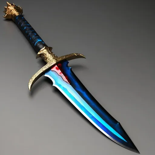 Prompt:  
The sword is large long and sharp. The sharpened part of the blade is golden while the back end and has sharp red teeth. The handle has dark black and it emits an azure blue aura. 