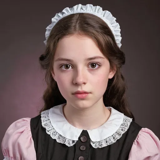 Prompt:  A gir in her early twenties and had a very youthful face.She has beautiful and luscious brown locks running down her face. She is only five-foot-tall and is a maid’s outfit. She has beautiful black brown pupils and a beautiful button nose. Her mouth is of average size and her lips pale pink. 