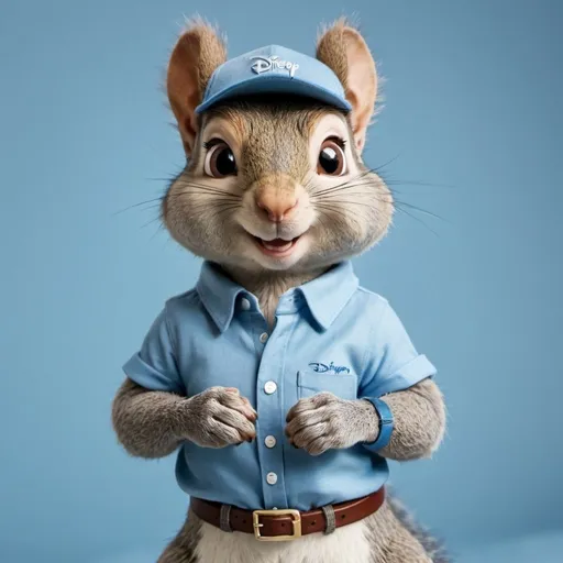 Prompt: Gray squirrel with blue shirt with gray sleeves and collar in Disney style 