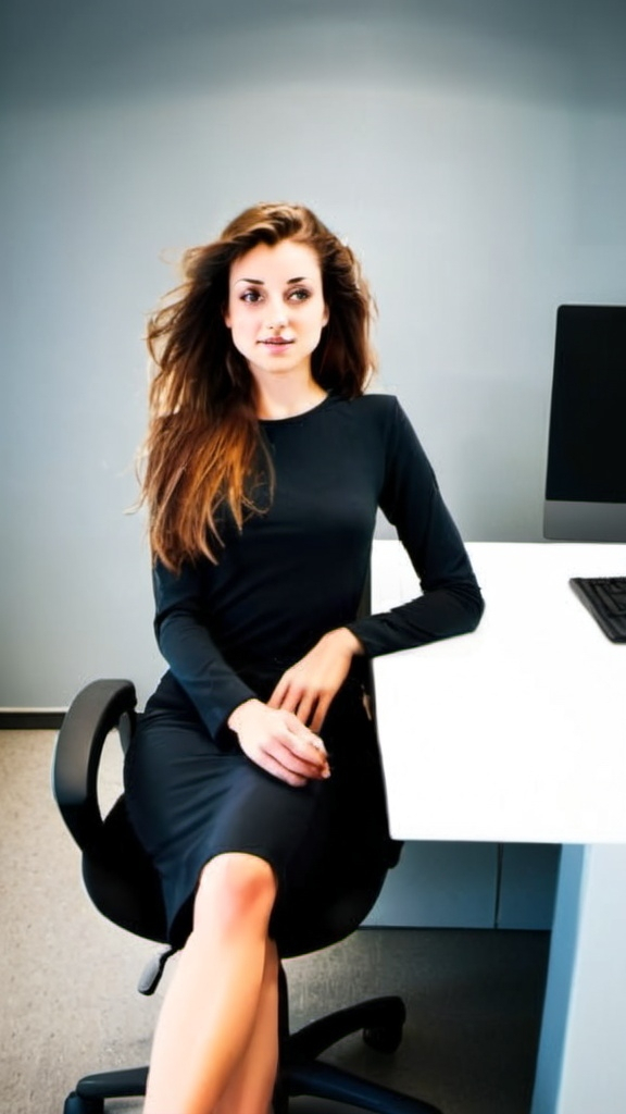 Prompt: Woman in the office, sitting at the table, smiling, hyper detailed beautiful face, eyes, lips, super realistic 