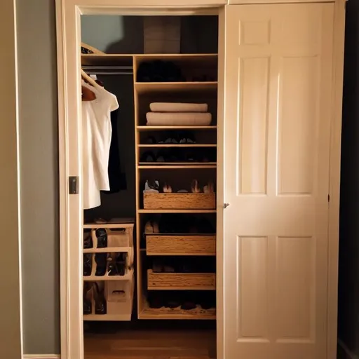 Prompt: wood closet in little light