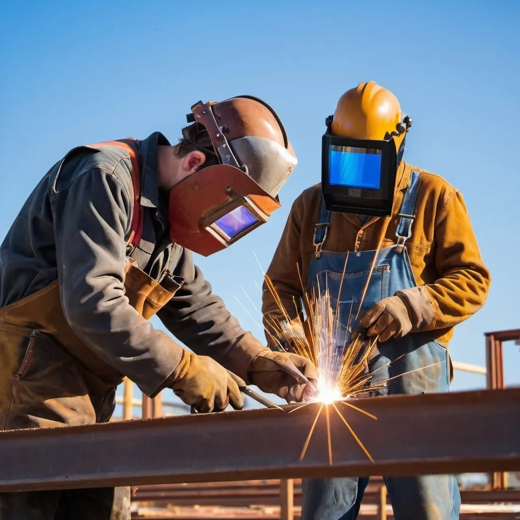 Prompt: Welder welding two iron profiles at the construction site on a sunny day