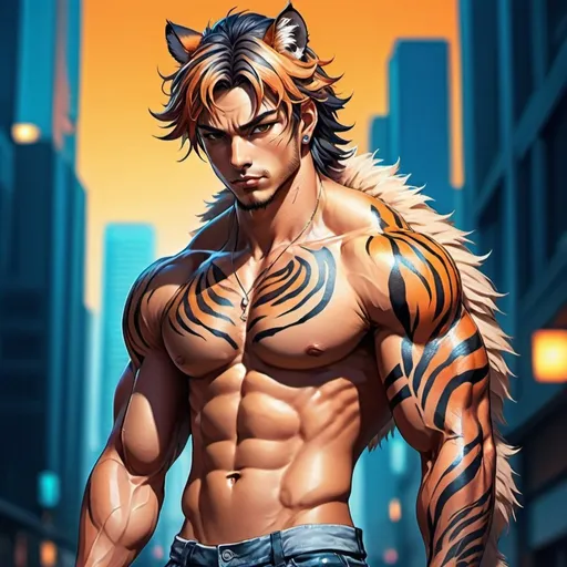 Prompt: Anime illustration of a male human with tiger features, vibrant color tones, detailed striped tattoos on arms, high quality, anime style, tiger ears and tail, intense and confident gaze, sleek and muscular build, bright and colorful, detailed fur and hair, professional, vibrant lighting, cool tones, urban background
