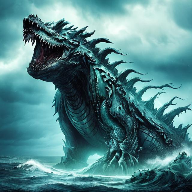 Prompt: Design a colossal sea monster with electrified, jagged scales resembling storm clouds. Its furious roars summon thunderstorms, and its colossal fins create tidal waves. Explore the wrathful details of its aquatic fury.