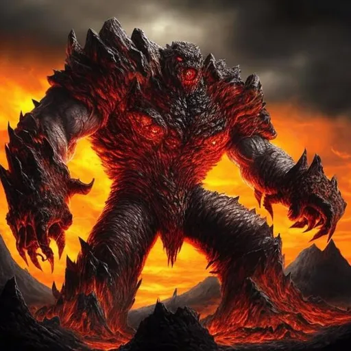 Prompt: Imagine a colossal, malevolent monster known as the 'Rage Behemoth,' a towering force of destruction and anger. This monstrous villain stands at a height that eclipses mountains, its body covered in rugged, volcanic-like armor forged from the depths of molten fury.

The Rage Behemoth's eyes burn with an intense, fiery glow, reflecting the unbridled wrath within. Enormous, razor-sharp horns protrude from its skull, reminiscent of ancient, twisted trees. Its gaping maw reveals rows of serrated teeth, each capable of rending through even the sturdiest of fortifications.

Tendrils of magma flow beneath the Rage Behemoth's rocky exterior, leaving a trail of molten destruction in its wake. Massive, clawed limbs, adorned with jagged, obsidian-like scales, crush everything in their path, leaving the earth scarred and shattered.

The monster's enraged roars echo through the land, causing tremors that forewarn of its approach. Its colossal wings, resembling tattered and searing banners, cast ominous shadows as it takes flight. The air around the Rage Behemoth crackles with fiery energy, leaving a wake of chaos and despair.

This colossal villain is often accompanied by raging storms, swirling around it as if nature itself responds to its wrath. Lightning arcs across its form, emphasizing the destructive power it wields. The Rage Behemoth is a symbol of nature's fury unleashed, an unstoppable force driven by unchecked anger.

Consider the finer details of its design, such as the cracks and veins of magma coursing through its rocky exterior, the swirling storm clouds enveloping its colossal frame, and the malevolent intensity conveyed through its eyes. Capture the moment of its furious attack or the aftermath of its destructive rampage, bringing this giant, angry monster to life in a way that instills awe and fear in equal measure.