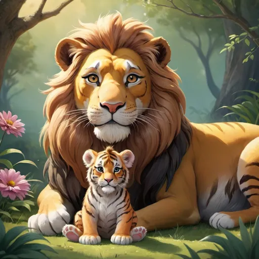 Prompt: Illustrate a scene where a majestic prince lion, adorned in regal attire, sits next to a playful baby tiger on a grassy knoll.
The prince lion gazes at something beautiful in the distance with a sense of regal admiration, while the baby tiger, with wide-eyed wonder, mimics the lion's expression.
Landscape:
Set the scene in a lush, enchanting landscape with vibrant flowers, rolling hills, and a clear, sunny sky. The beauty of nature enhances the magical atmosphere.
Shared Wonder:
Capture the shared moment of wonder as both the prince lion and the baby tiger fix their gaze on the same breathtaking sight. This could be a stunning sunset, a serene waterfall, or a field of blooming flowers.
Expressive Poses:
Pose the prince lion with a regal and contemplative posture, perhaps sitting with crossed paws. The baby tiger should exude curiosity and innocence, mirroring the lion's posture in an endearing way.
Facial Expressions:
Convey a sense of awe in the facial expressions of both characters. The prince lion's face may reflect a mature appreciation, while the baby tiger's expression should capture the pure delight of discovering beauty for the first time.
Subtle Magic:
Infuse a touch of subtle magic into the scene, such as fireflies dancing around the characters or a soft glow emanating from the beautiful sight they are observing.
Interaction:
Illustrate a gentle interaction between the prince lion and the baby tiger. This could involve the lion offering guidance or protection to the curious cub, fostering a heartwarming connection.
Harmony of Colors:
Use a harmonious color palette that complements the majestic presence of the prince lion and the playful nature of the baby tiger. Earthy tones with pops of vibrant colors can enhance the overall visual appeal.