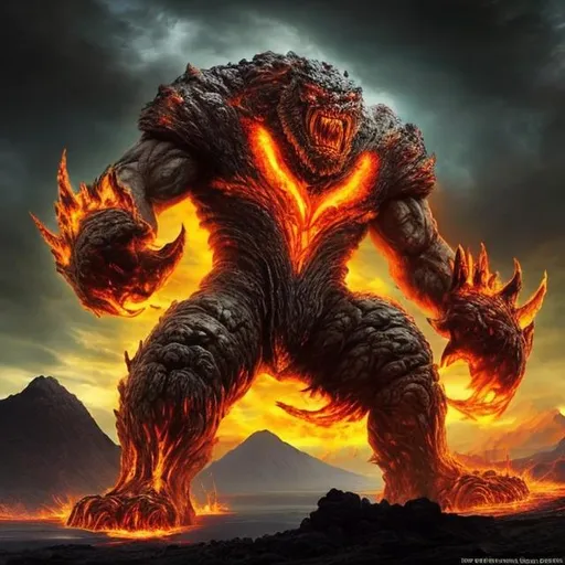 Prompt: Imagine a colossal, malevolent monster known as the 'Rage Behemoth,' a towering force of destruction and anger. This monstrous villain stands at a height that eclipses mountains, its body covered in rugged, volcanic-like armor forged from the depths of molten fury.

The Rage Behemoth's eyes burn with an intense, fiery glow, reflecting the unbridled wrath within. Enormous, razor-sharp horns protrude from its skull, reminiscent of ancient, twisted trees. Its gaping maw reveals rows of serrated teeth, each capable of rending through even the sturdiest of fortifications.

Tendrils of magma flow beneath the Rage Behemoth's rocky exterior, leaving a trail of molten destruction in its wake. Massive, clawed limbs, adorned with jagged, obsidian-like scales, crush everything in their path, leaving the earth scarred and shattered.

The monster's enraged roars echo through the land, causing tremors that forewarn of its approach. Its colossal wings, resembling tattered and searing banners, cast ominous shadows as it takes flight. The air around the Rage Behemoth crackles with fiery energy, leaving a wake of chaos and despair.

This colossal villain is often accompanied by raging storms, swirling around it as if nature itself responds to its wrath. Lightning arcs across its form, emphasizing the destructive power it wields. The Rage Behemoth is a symbol of nature's fury unleashed, an unstoppable force driven by unchecked anger.

Consider the finer details of its design, such as the cracks and veins of magma coursing through its rocky exterior, the swirling storm clouds enveloping its colossal frame, and the malevolent intensity conveyed through its eyes. Capture the moment of its furious attack or the aftermath of its destructive rampage, bringing this giant, angry monster to life in a way that instills awe and fear in equal measure.
