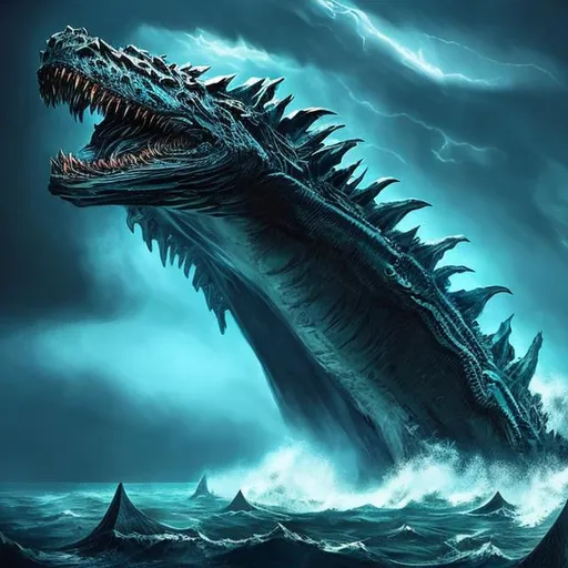 Prompt: Design a colossal sea monster with electrified, jagged scales resembling storm clouds. Its furious roars summon thunderstorms, and its colossal fins create tidal waves. Explore the wrathful details of its aquatic fury.