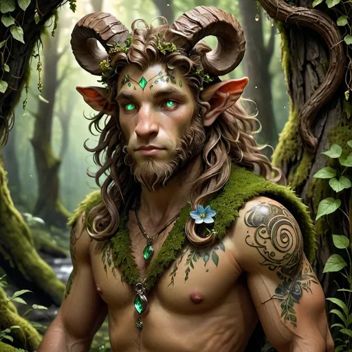 Prompt: Imagine a satyr, blending the elegance of nature with a modern, edgy twist. This satyr has the classic features of his kind: strong, muscular legs covered in short, sleek fur, ending in powerful hooves. His upper body is human-like, with a chiseled physique that speaks of strength and agility.

His horns, curling gracefully from his forehead, are adorned with intricate carvings and small, dangling charms that tinkle softly with his movements. His eyes, a vibrant green, glimmer with mischief and intelligence, reflecting the spirit of the forest.

His hair is wild and tousled, streaked with shades of deep brown and green, as if the forest itself has claimed him. He wears a vest made of woven vines and leaves, which seem to be alive, gently rustling and glowing faintly in the moonlight. A satchel made of woven bark and adorned with colorful feathers hangs at his side, filled with herbs, potions, and musical instruments.

In his hand, he holds a wooden flute, intricately carved with symbols of nature and magic. When he plays, the music is enchanting, causing flowers to bloom and animals to gather around him in harmony. Tattoos of ancient runes spiral down his arms, glowing with a soft, mystical light that hints at his magical abilities.

Surrounded by a forest bathed in twilight, the satyr stands on a moss-covered rock, with fireflies dancing around him, illuminating the scene with their gentle glow. The air is filled with the scent of pine and wildflowers, and the sound of a distant stream adds to the serene ambiance.