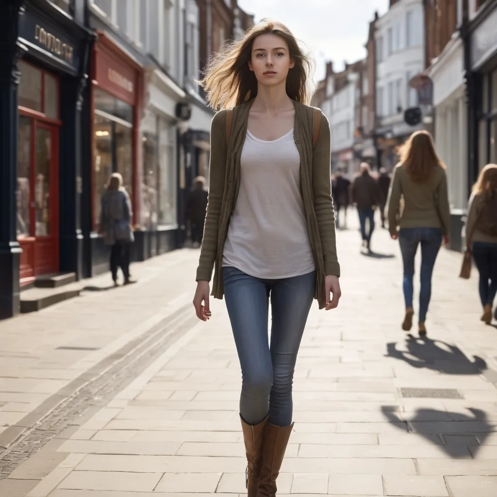 Prompt: Tall young woman walking down the high street, detailed clothing, realistic, natural lighting