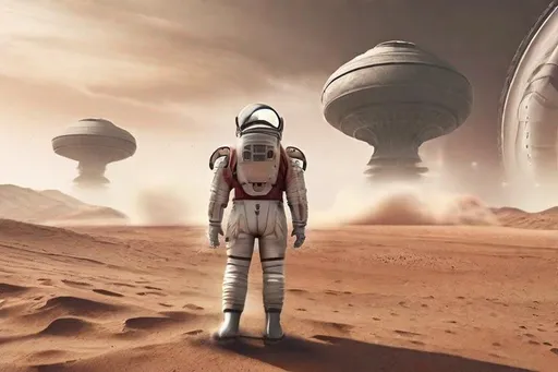 Prompt: spaceman landing a complex flying spaceship onto the deserts of Mars clouds of dust crowds of people, distance shot, sunrise, photoreal