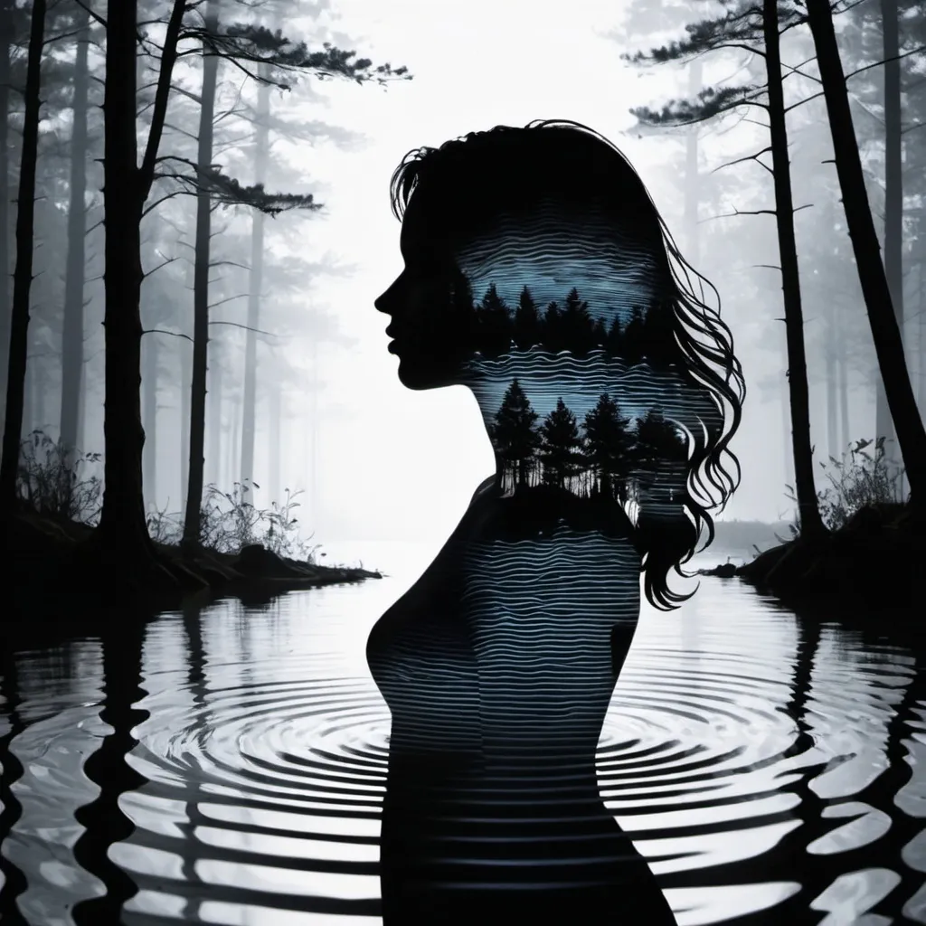 Prompt:  silhouette of woman in the woods and ripples from sound waves