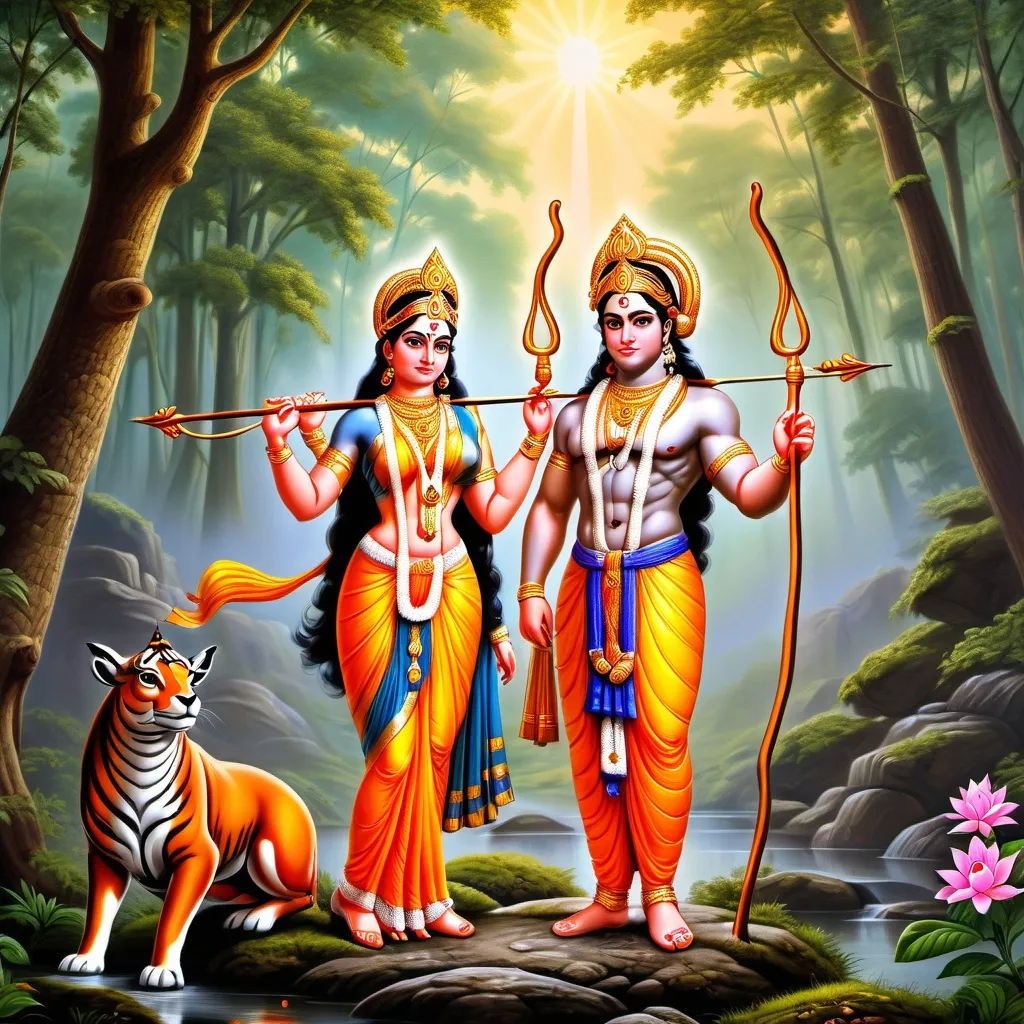 Prompt: A divine scene depicting Lord Ram and Sita Mata together in a peaceful forest setting. Lord Ram stands tall, holding a bow, with an expression of wisdom and strength, while Sita Mata, adorned in beautiful traditional attire, exudes grace and calm. The background features a serene natural environment, symbolizing purity and devotion. The photo should radiate spiritual energy, with soft sunlight filtering through trees, casting a gentle glow on both deities. Their presence inspires a sense of divine love and protection.