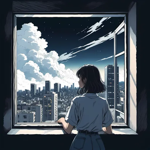 Prompt: 90's, anime, hand-drawn, sketch lines, girl looking out of a window, clouds, lo-fi, grain, Japanese city, night, skyscrapers, high saturation,