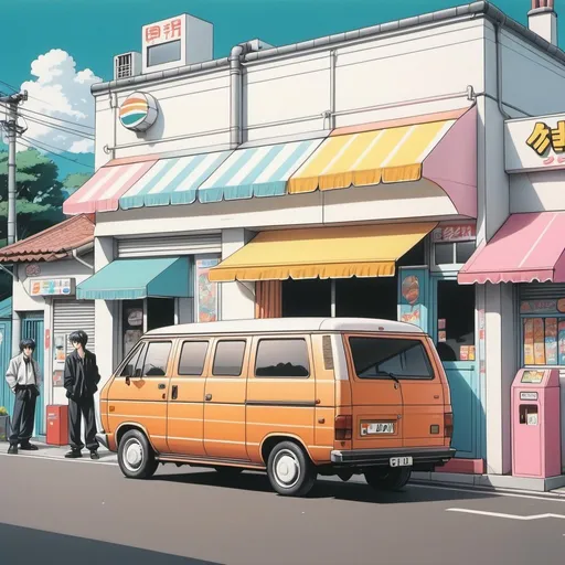 Prompt: 90's anime art style, pencil-drawn, retro, van parked next to a convenience shop, gangsters getting out of the van