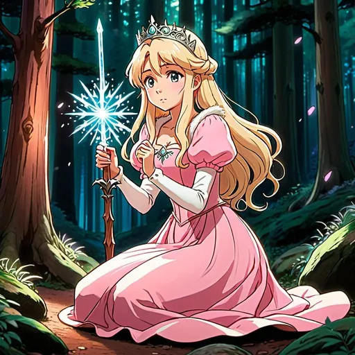 Prompt: anime, kneeling anime princess, pink medieval dress, hand-drawn, Studio Ghibli style, blonde hair, long wavy hair, angry, detailed expression, ice wand, enchanted redwood forest, fairies, filter, lo-fi, grain, high quality