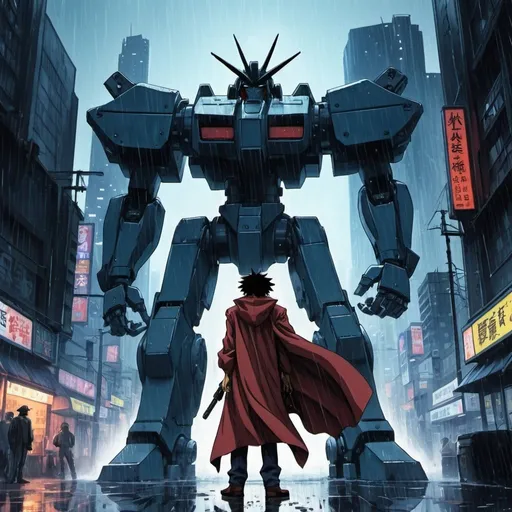 Prompt: anime, 90's, cowboy bebop, anime art style, hand-drawn, cloaked man stands defiant against an evil giant mech machine, rain, cyber city, vaporware, 