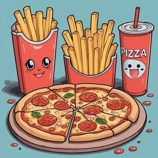 Prompt: 90's, hand-drawn anime art style, french fries, pizza and soda