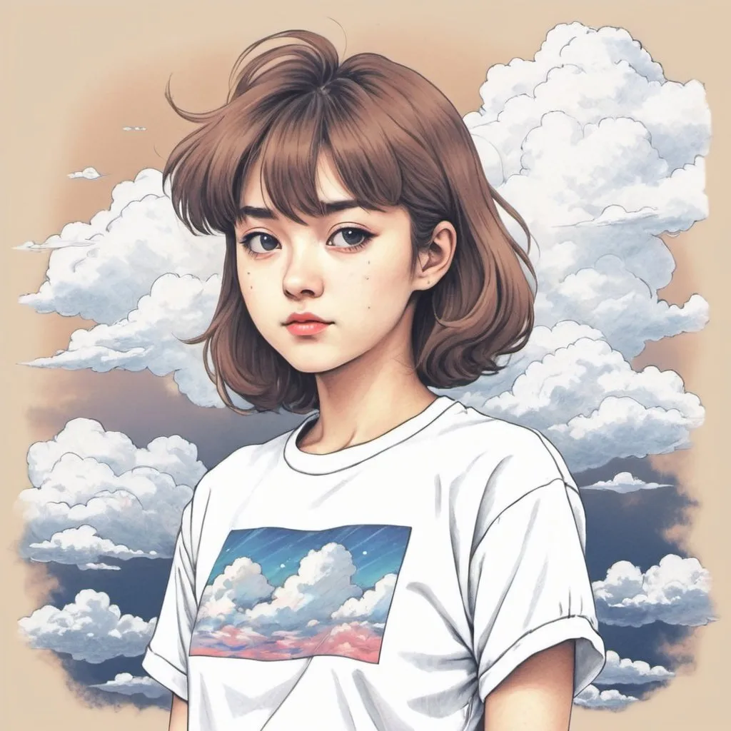 Prompt: 90's anime art style, pencil-drawn, Kana Hanazawa white t-shirt, retro, lo-fi, clouds, 