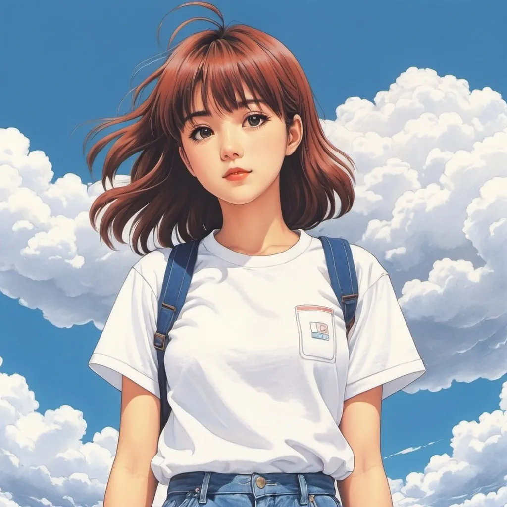 Prompt: 90's anime art style, pencil-drawn, Kana Hanazawa, renai circulation, white t-shirt, retro, lo-fi, clouds, anime character