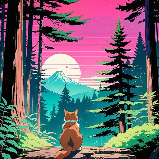 Prompt: anime, Studio Ghibli, cat watching in a redwood forest, retro vaporwave background, hand-drawn, lo-fi, grain, high-quality