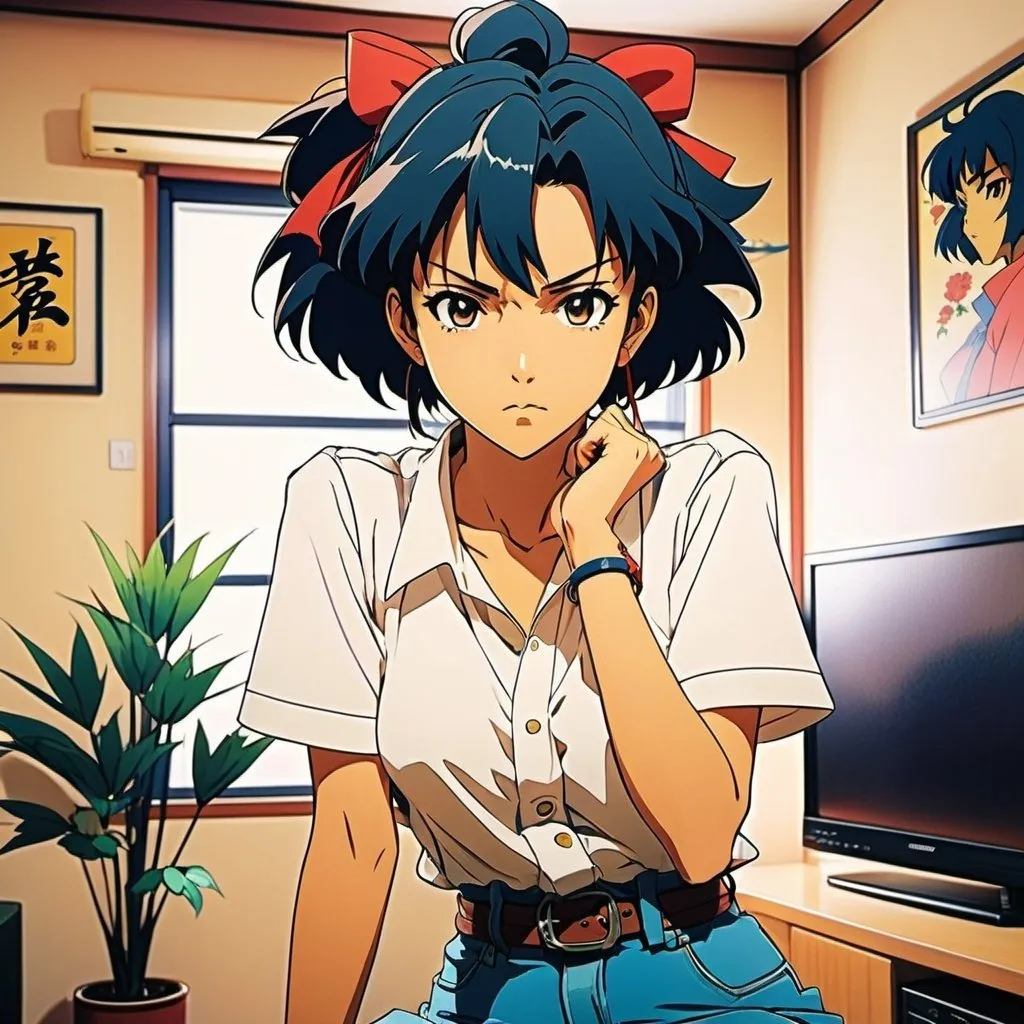 Prompt: Pencil-drawn anime illustration of a girl doing a cute and angry pose, modern Tokyo apartment, retro 90's anime art style, high-quality, retro, cowboy bebop, samurai Champloo, studio Ghibli vintage anime